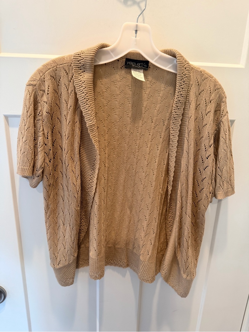 Yarn Arts Large Taupe Pointelle Knit Open Front Cardigan Short Sleeve Lightweigh